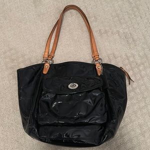 Coach black patent leather tote, used